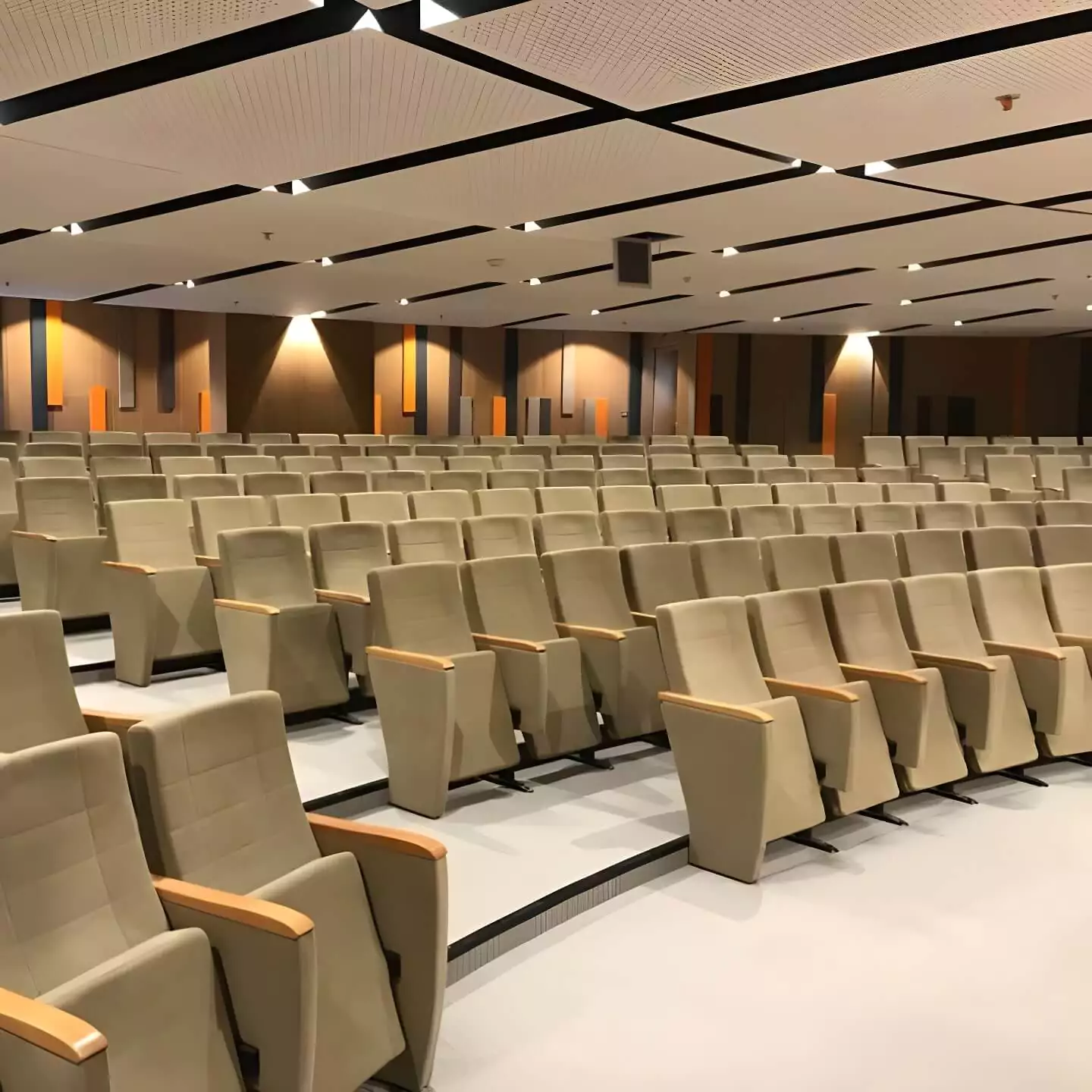 This conference seating project includes elegantly contoured seats with breathable fabric and sturdy armrests for professional settings. Image